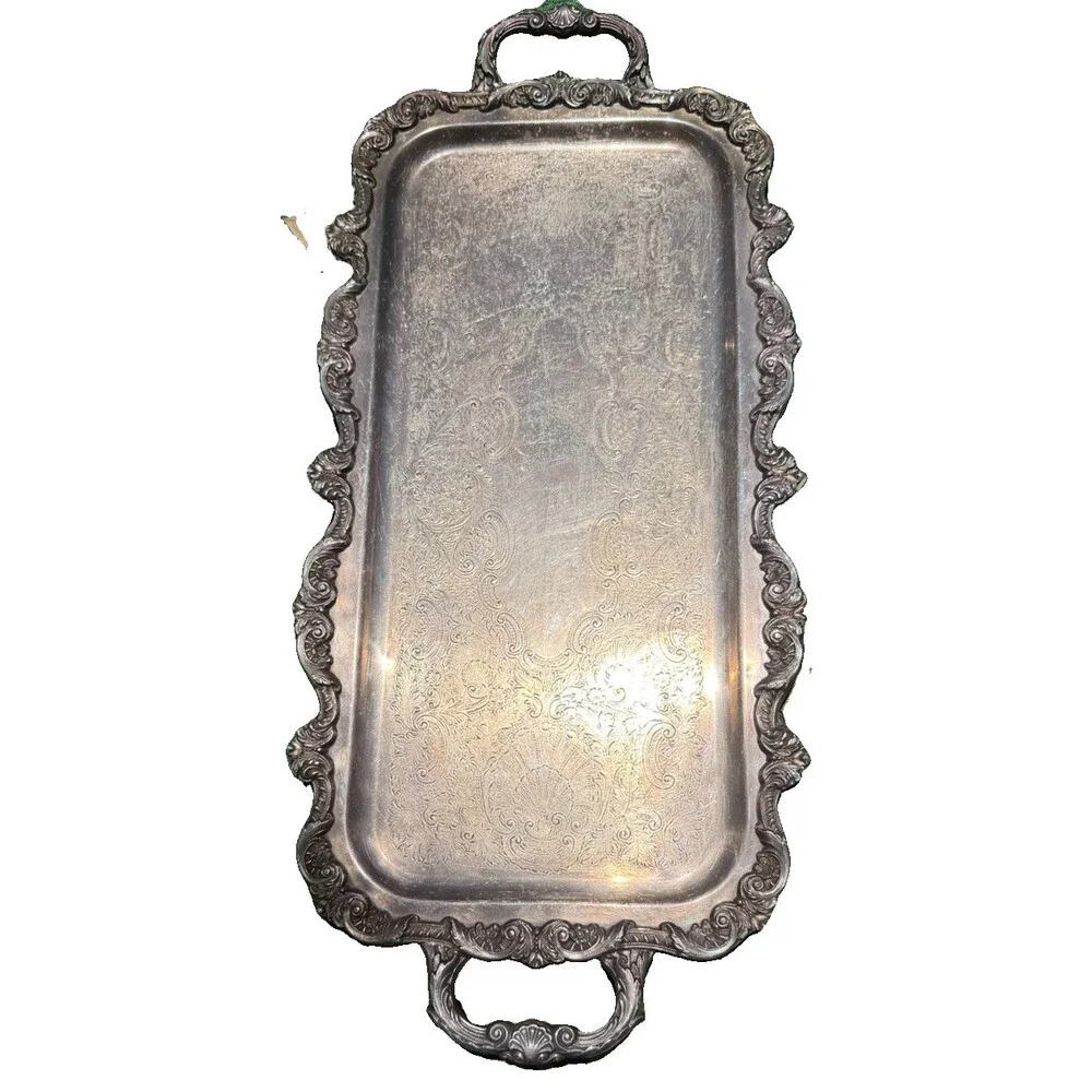 VNTG Ornate Silver Plated Footed Etched Butler Tray Handles L 24” W 10” Heavy